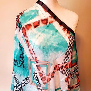 Beautiful Silk Wrap Scarf Beach Cover Up Teal Hearts Houndstooth Animal Print